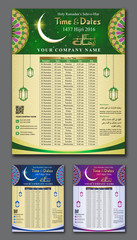 Eid Time & Dates Flyer / Calender design decorated with
elegant islamic pattern, moons and stars. Vector Illustration