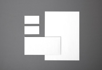 Blank stationery still life with business cards, paper, envelope. Template for branding identity....