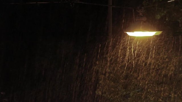 Road lighting swings with thunderstorm at night. 