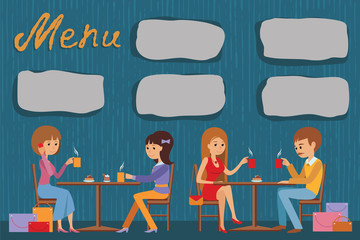 People are sitting in a cafe. Vector illustration of template  menu, brochure, flyers cafe or restaurant.
