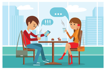 Couple in cafe - Vector Illustration with city landscape on window. People sitting at table at lunch talk by phone and use smartphone drinking coffee.