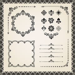 Vintage set of elements. Different vector elements for decoration and design frames, cards, menus, backgrounds and monograms. Collection of floral ornaments