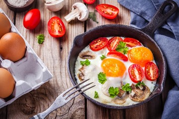 breakfast: fried eggs with tomatoes and mushrooms