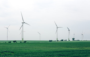 Wind turbines generating electricity for the city. Group of eco windmills for renewable electric energy production. Ecological power with windmill on the field