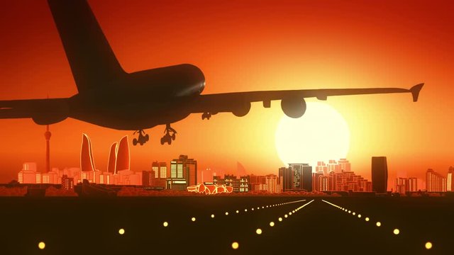 Baku Azerbaijan Airplane Landing Skyline Golden Background
