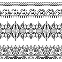 Seamless border elements in Indian mehndi style for card or tattoo. Vector illustration isolated on white background.