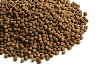 Dry pet food on white background