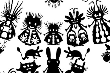 Fototapeta na wymiar black paper cut little people and animals