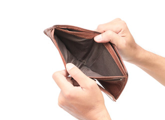 Man hand open an empty wallet on white background