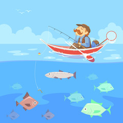 cartoon man no fishing boat, vector