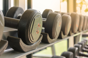Obraz na płótnie Canvas row of dumbbells in gym