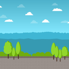 Vector flat style illustration with sky and clouds, trees, mountains. Flat vector background