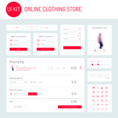 UI / UX Kit for online clothing store: icons set, login form, registration form, dropdown menu, shopping bag, example item card, range of sizes, pagination. Card product. Basket page. Vector. - obrazy, fototapety, plakaty