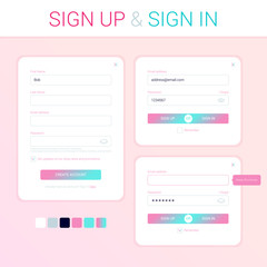 The modal windows for the development of the web site. Sign-up form. Sign-in form. Minimal clean flat style. UI / UX design. Login form. Registration form.