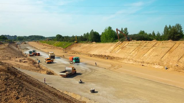 Preparatory work before asphalting on a large highway, time-lapse