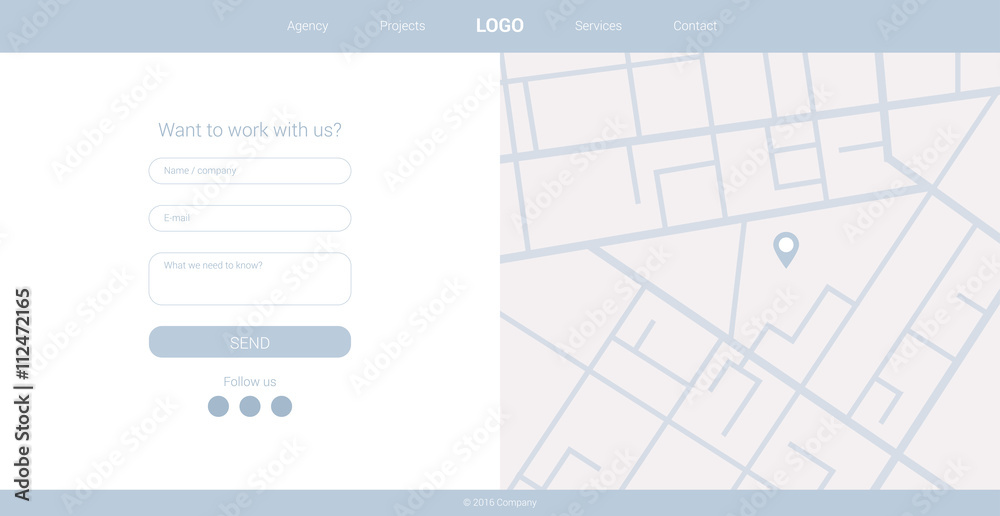 Wall mural web design. wireframe based contact page template. flat and clean style. desktop version. prototype 