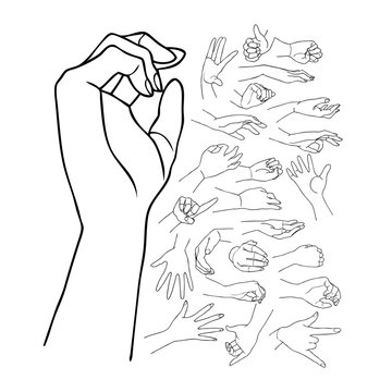 The vector illustrated set of outlined hand drawn hands with various gestures,, part 2