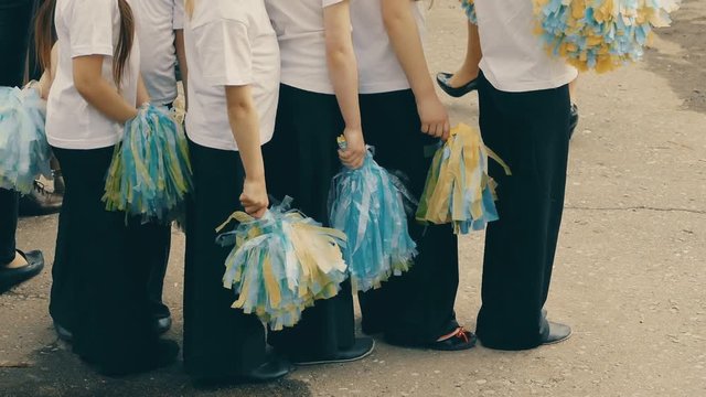 children cheerleader with pom-poms slow motion video
