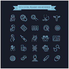 Vector icon set of fertilization, pregnancy and motherhood.