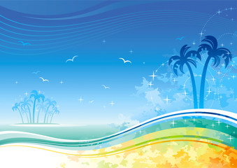 Fototapeta na wymiar Sea background with island and palms