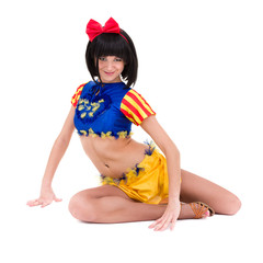 Carnival dancer girl sitting, isolated on white