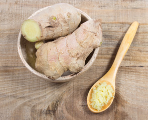 Fresh ginger on board closeup.