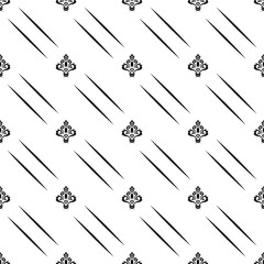 Seamless vector ornament. Modern geometric pattern with royal lilies and diagonal lines. Black and white pattern