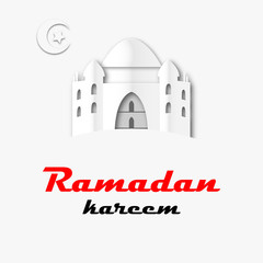 Ramadan Kareem greeting with mosque on night cityscape background. Vector illustration.