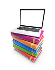 Laptop on coloured books isolated on white. 3d rendering.