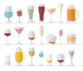 Alcohol glasses flat icon set. Different alcohol beverages