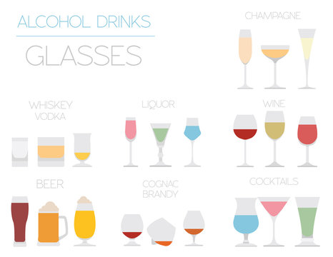 Alcohol glasses flat icon set. Different alcohol beverages