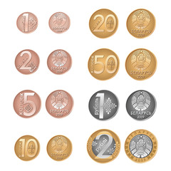 Modern Belarusissian coins. Vector reverse and obverse. Belarussian money. Kopeyka and rouble.