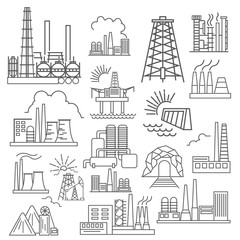 Fototapeta premium Factory buildings icon set. Thin line icon design