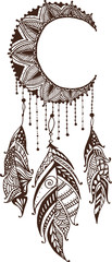 Hand-drawn dreamcatcher with feathers. Ethnic illustration, tribal