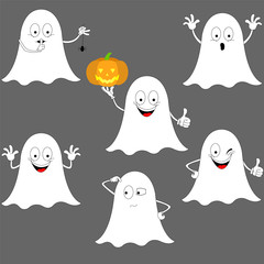 Smiley Halloween Ghosts Vector Icons Set.