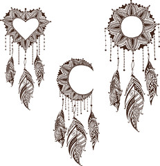Hand-drawn dreamcatcher with feathers. Ethnic illustration, tribal