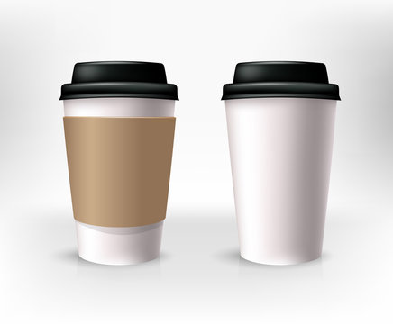 white isolated paper cups with brown holder. Vector illustration cardboard cups
