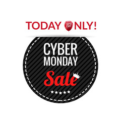 Cyber Monday black round leather label or price tag with discount balloon on white background, vector illustration