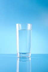 glass of pure water on a blue background