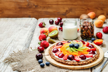 Greek yogurt granola fruit breakfast pizza
