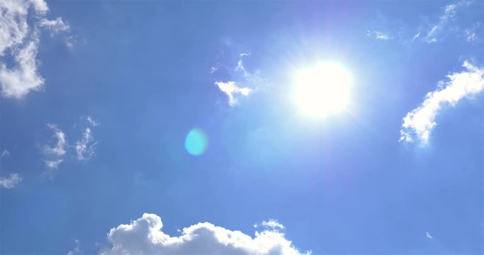 Sun On Blue Sky With White Cumulus Clouds