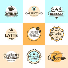 Flat line Vintage Coffee Labels Logo design vector typography lettering inspiration templates. Retro elements, business signs, badges, logos, label, stamps, icons and symbols.