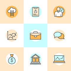 Set of flat line icons of business people organization, human resource management, company development, career progress. Modern infographic vector logo icons collection concept.