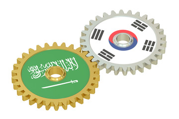 Saudi Arabia and South Korea flags on a gears, 3D rendering
