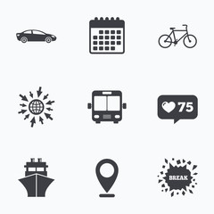 Transport icons. Car, Bicycle, Bus and Ship.