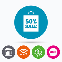 50 percent sale bag tag sign icon.