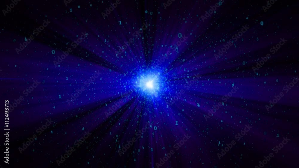 Poster digital binary object star in cyberspace - seamless loop, animated abstract background with numbers 
