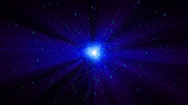 digital binary object star in cyberspace - seamless loop, animated abstract background with numbers and blue luminous centre
