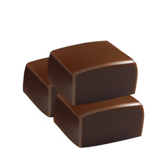chocolate candies on top of each other with caramel filling and caramel candies, over white background