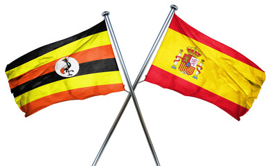 Uganda flag with Spain flag, 3D rendering